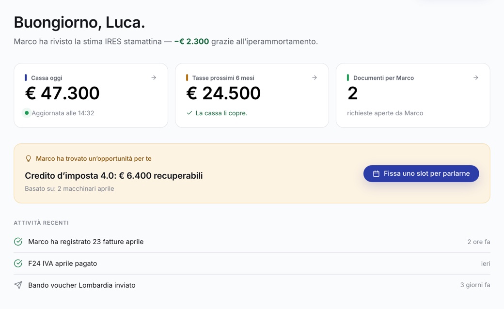 La home di Contavo: documenti e richieste del commercialista in un unico posto, con cassa, tasse e fatture registrate.